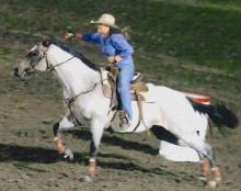 Trula Churchill on Moonlight placed second in Barrel Racing at Crawford’s Old West Trail Rodeo. Photo by Con Marshall