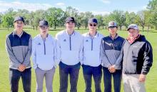 The Badger Golf team are pictured from L to R: Caden Stankoski, Garrett Cumbow, Cooper Phillips, Cooper Jordan, Tanner Two Strike, and Coach Devin Muirhead.
