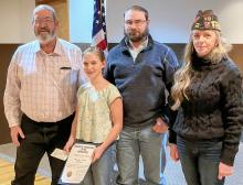 Pictured are from L to R: Jerry Fullerton, second place Patriot’s Pen winner Kaylee Luthy, Jordan Luthy, and Commander Denise Behrendt.