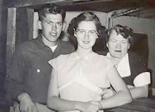 A photo from their last evening home, July 13, 1950, shows Dale next to his sister Carol, and mother Mabel Thompson. This was a send off for Dale and his brother Gene as they prepared for the Korean War.