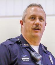 Trooper Tim Flick above. Valentine Middle School students listen to his message about the effects of drugs. Don’t do it. Not even once. Photos by Laura Vroman