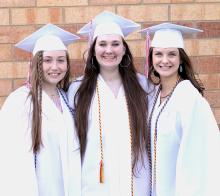 Valentine High School’s honor and welcome speakers are from L to R: Taylor Battershaw, Grace Maunu, and Sheldyn Rodgers. Photo by Amanda Long