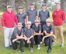 The Badger golf team is pictured, back row, L to R: Coach Devin Muirhead, Logan Muirhead, Jackson Ravenscroft, Cooper Jordan, Coach Coleman. Front row, L to R: Garrett Cumbow, Kanzas Kellum, Caden Stankoski, and Reeves Witte.