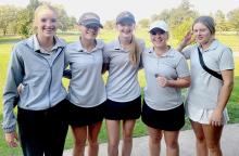 The Lady Badger golf team qualified for NSAA State Golf. Pictured are from L to R: Rylee Wackler, Joni Cox, Samantha Sprenger, Tierney Miller, and Jojo Jordan.