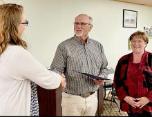 Pictured are Valentine Rotary Co-President Regina Osburn, Mike Burge, and Rotarian Ronna Morse.