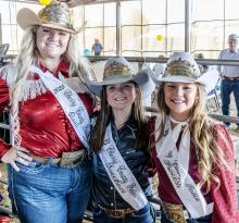 Pictured are the Cherry County Rodeo Royalty, from L to R: Aleena Wagner, Ava Rahn, and Eliah Baker. Photo by Laura Vroman