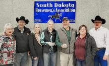 Out of state leading money earner was two year old One Fabulous Dynasty owned by Casey Foster and Deanna Anderson, trained by Bob Johnson, sponsored by Scott and Valarie Shoun. Pictured are: Valarie and Scott Shoun, Deanna and Hadley Anderson, Casey Foster, Jaida Woodward and Mike Lemburg president SDQHRA.