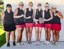 Second place team are pictured from L to R: Leti Alvarez, Grace Murphy, Rylee Wackler, Sam Sprenger, Joni Cox and Tierney Miller.