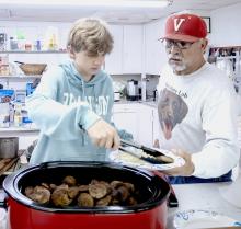 Leighton Reagle and Kent Lopez serve up biscuits and gravy along with sausage patties. Fluffy pancakes were also a breakfast choice at the Vets Club, celebrating Valentine’s 140th birthday! More photos on the back page.