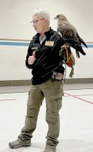 Deb Miller of the Egerton Explorit Center shared Raptorology with the Valentine Senior Center and VES. Photo by Linda Ramos