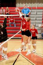 Kinsey Buechle #10 and Aubrey Benson #1 tipping the block in the Badger hosted triangular, Tuesday, September 26, 2023.
