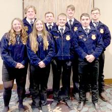 Valentine FFA State Degree recipients are pictured back row, L to R: Lee Major, Connor Kreutner, Jack Lancaster, and Austyn Keiborz. Front row, L to R: Gracey Taylor, Taylor Battershaw, Logan Muirhead, and Bryan Keller.