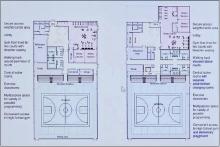 The proposed wellness center is to be located between Valentine High School and Valentine Elementary School. There are two different floor plans, each with a walking track, however the one on the right will have the track elevated so a walker isn’t accidentally hit with a ball. That one also has separate adult and youth locker rooms.