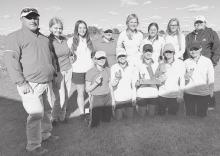 Pictured are back row, L to R: Maddy Pdilakowski, Kaylee Wenig, Courtny Morgan, Tarin Tinant, Jojo Jordan, McKenna Elliott, and Coach Houdek. Front row, L to R: Kaetryn Bancroft, Jaycie Cox, Becca McGinley, Nicole Williams, and Mekallyn Bancroft.