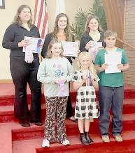 Public Speaking Group are pictured, back row L to R: Jenalee Garwood, Marybelle Ward, Jocelyn Jordan. Front row, L to R: Darby Murphy, Adley Swanson, Will Cox. Not pictured – Adalin, Heston, &amp; August Wickman (see talent photo).