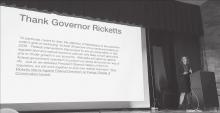 Laura Vroman Margaret Byfield explained what she’s seeing in the “tea leaves” about the government’s plan to have 30 percent of the nation’s land by 2030. She said that Governor Ricketts was the first governor to bring this information to the people. Photo by