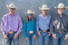 Four youth competed in the 75th National High School Rodeo Finals in Gillette, WY, July 16-22. They are pictured above, L to R: Sage Schrunk, Hailey Witte, Cooper Fay and Sutton Schrunk. Sage in bulldogging and team roping, Hailey in barrels, and Cooper and Sutton in the saddle broncs.