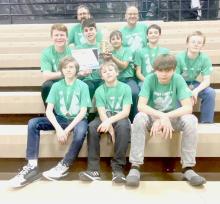 Badger Bots are pictured back row L to R: Coaches James Ward and Andrew Utecht. Middle row L to R: Isaac Utecht, Duncan Mosner, Kaden Garwood, Allen Ward, Cole Boes. Front row L to R: RJ Dean, Tilden Foster, Tyler Harp.