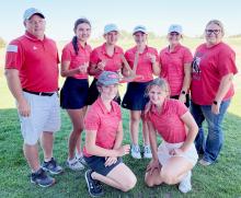 Pictured are back row, L to R: Coach Devin Muirhead, Mekallyn Bancroft, Kaetryn Bancroft, Kaylee Hanson, Jaycie Cox, and Coach Hoedek. Front row, L to R: Marybelle Ward, and Jojo Jordan.
