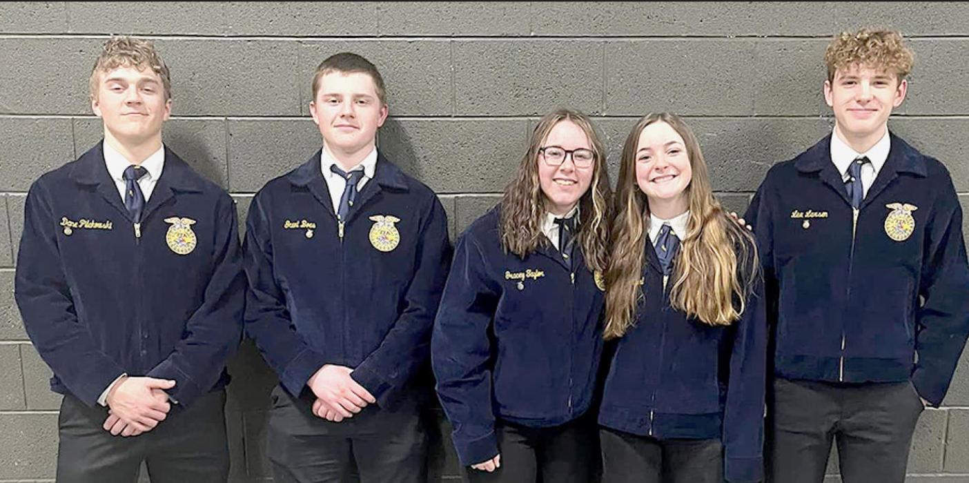 Livestock Management Team 1 are pictured from L to R: Dane Pilakowski, Grant Boes, Gracey Taylor, Addison Kierl, and Lex Larson.