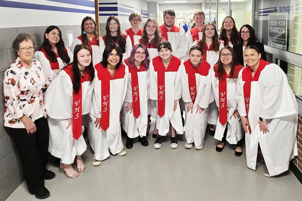 VHS Choir are pictured back row, L to R: Alexis McCullough, Rylie Sexson, Neeley Cronin, Tryston Gaver, Marybelle Ward, Titus Maunu, Isaac Cronin, Praise Maunu, Hope Woodraska, and instructor Bethany Springer. Front row, L to R: Connie Rhoades, Keeleigh Burge, Anithia Red Bird, Lilybet Rolfe, Evelyn Rolfe, Suryia Huff, Brooklyn Coyle, and Sari LaDeaux.