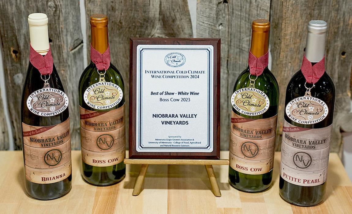 Niobrara Valley Vineyards received Best-in-Show, Best-in-Class and Double Gold over all white wines at the International Cold Climate Wine Competition with their white wine, 2023 Boss Cow.