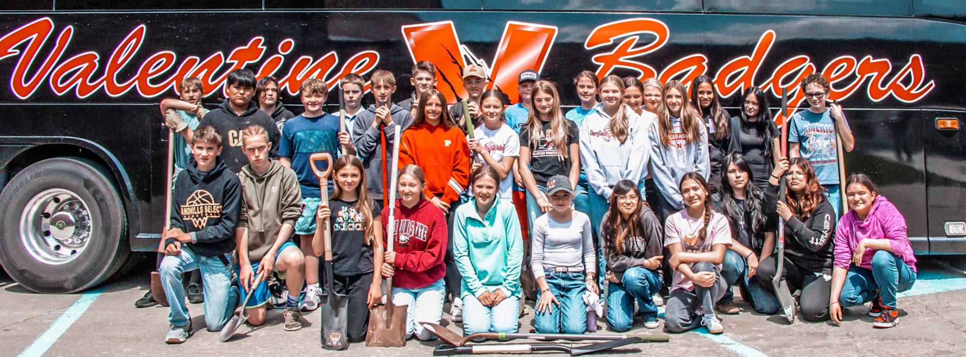 Pictured above is Mrs. Stoeger and James Battershaw with the VMS seventh grade students who together planted approximately 250 trees with instruction from the MNNRD staff. Below are the all of the seventh grade VMS students who planted on Water Tower Hill this beautiful May Day, May 1, 2026. Photos by Tina Boone
