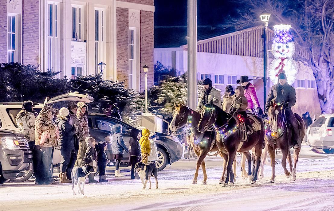 The Burdick family brought their lighted horses and happy dogs to be in Valentine’s Heart of Christmas Celebration. They led the way for Santa who was on a buggy being pulled by a horse the reindeer will be here December 9 by Security First Bank.
