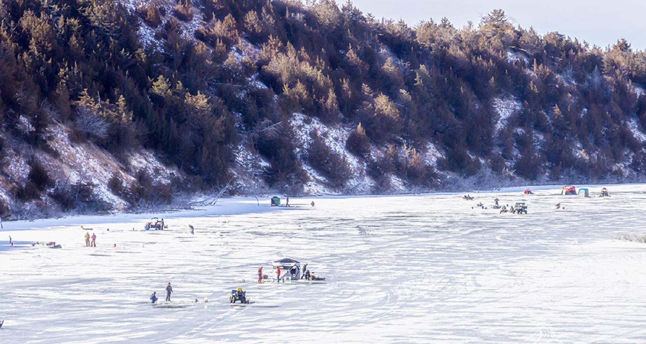 Beeds Landing at Merritt Reservoir was a busy place Saturday, January 29, 2022. Ice fishing teams took to the ice on a balmy 57 degree day to catch the biggest fish, or the most for a chance at a lovely first prize. Photo by Laura Vroman