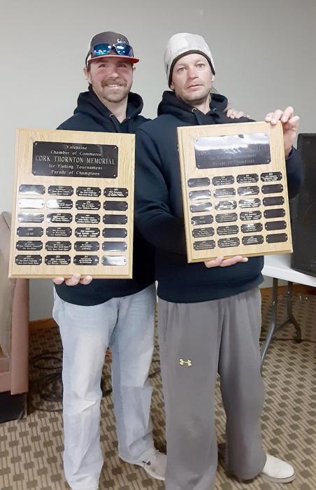 Zach Nadolski and Jim Hesse were the 2022 winners of the annual Cork Thornton Memorial Ice Fishing Tournament with 25.99 pounds of fish. Photo by Dean Jacobs