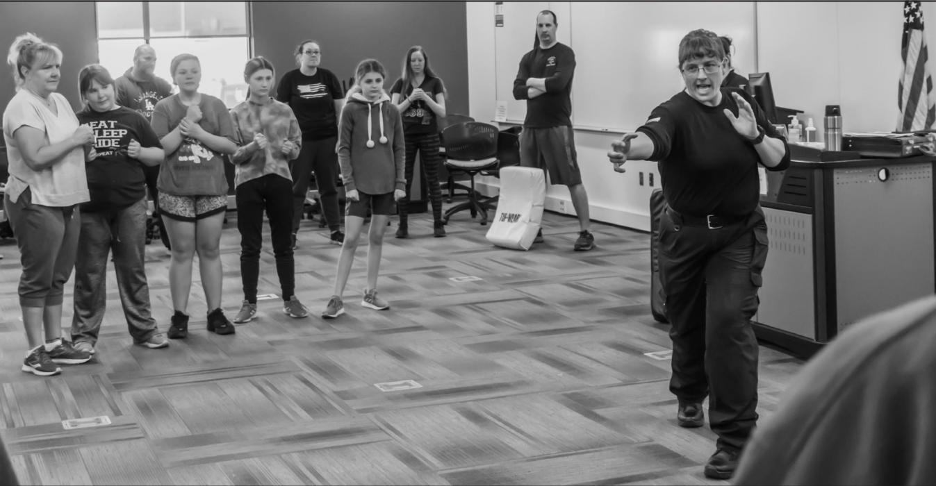 Valentine Police Chief Dana Miller is showing the importance of follow through when fending off a would be attacker during the Women’s Self Defense Class held at Mid Plains Community College, Wednesday, April 20, 2022. Photos by Laura Vroman