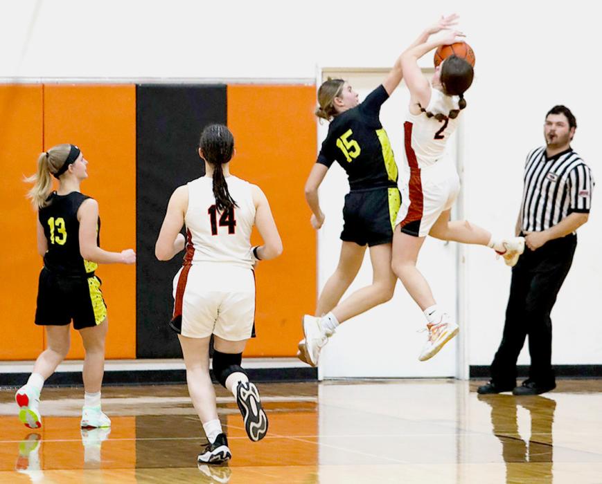 Aubree Johnson #2 goes up for two against a Hay Springs Lady Hawk.