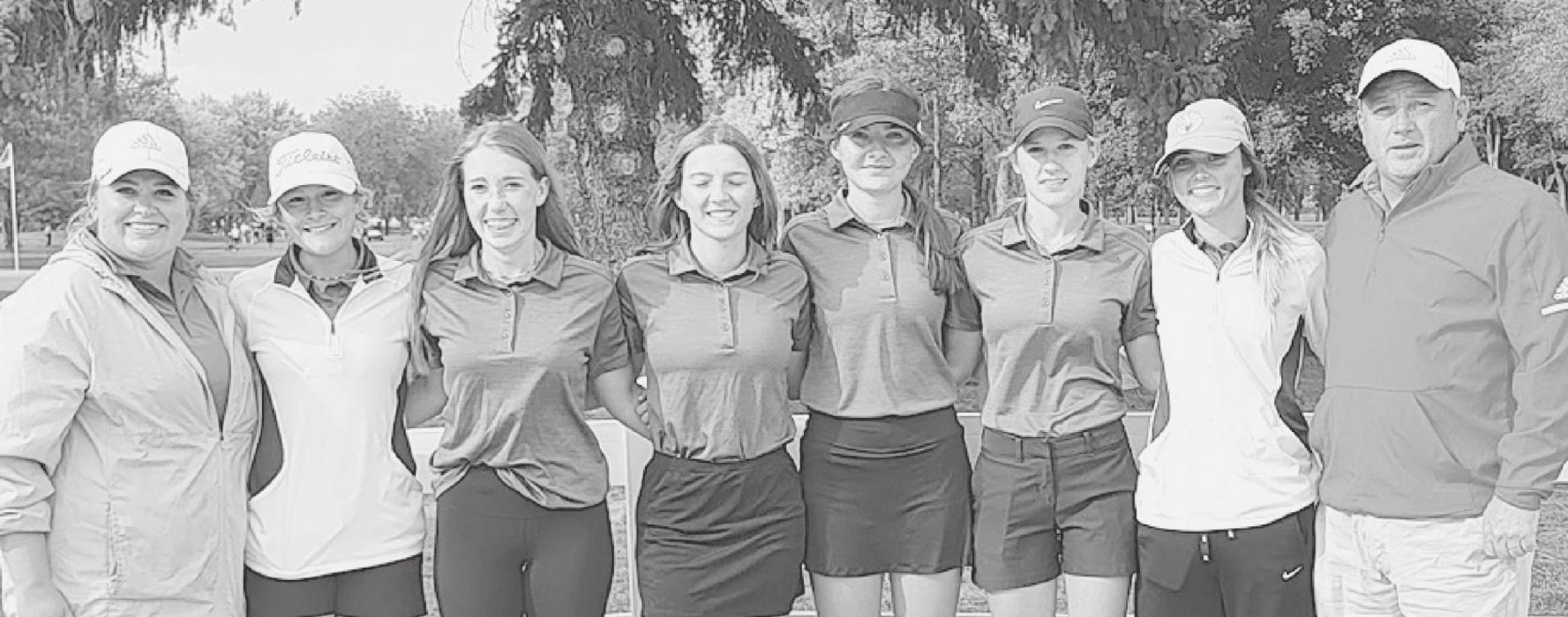 Pictured are from L to R: Coach Hoedek, Jaycie Cox, Kaylee Hanson, Kaetryn Bancroft, Mekallyn Bancroft, Becca McGinley, Nicole Williams, and Coach Muirhead.