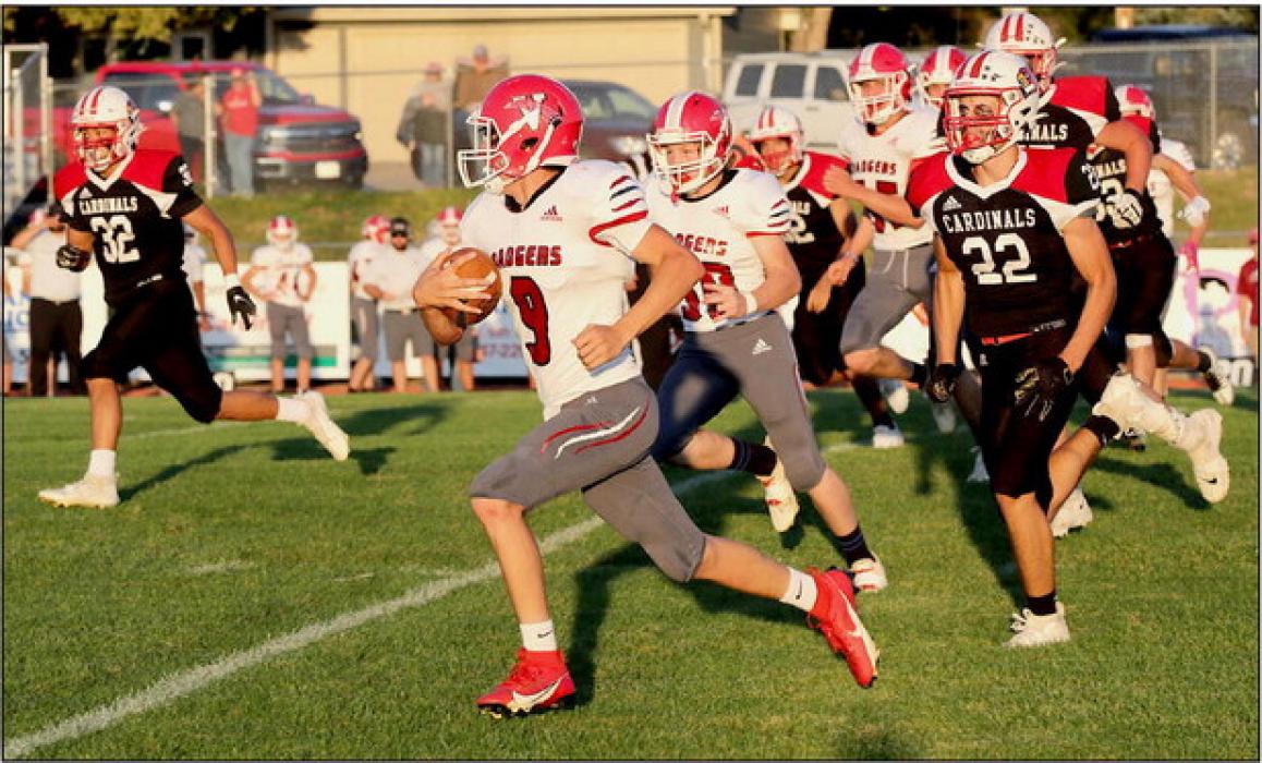 Valentine’s quarterback Trace Buechle #9, makes a run for it in the game against Chadron, Friday, September 22, 2023. Photos by Nina-Maria Nelson