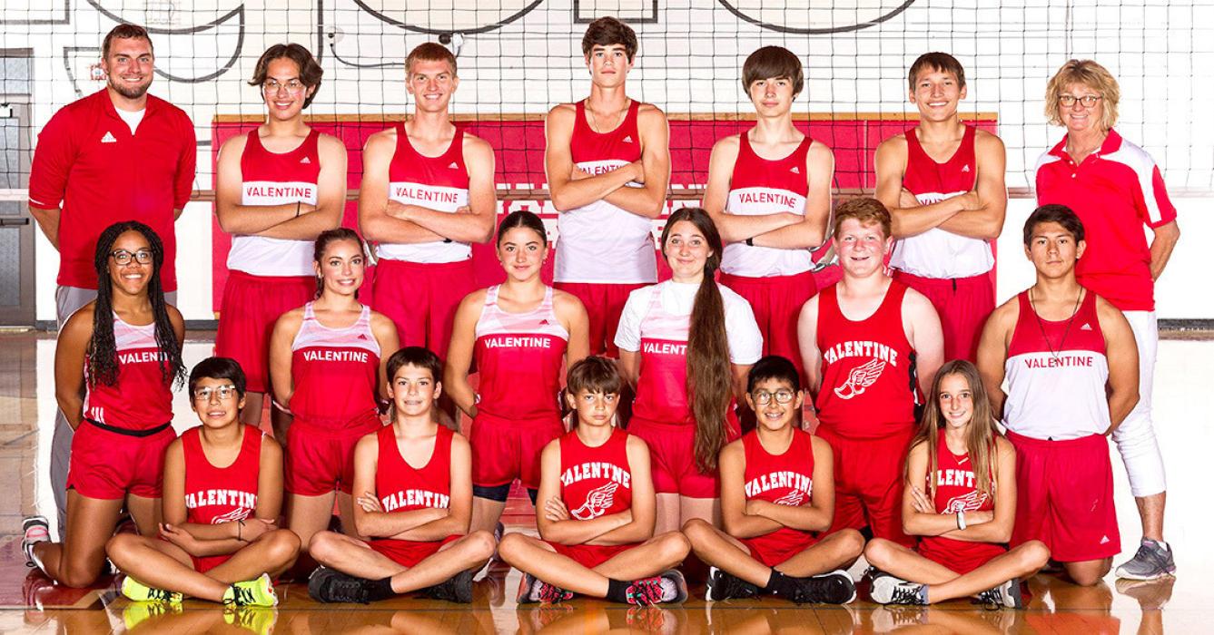 VHS Cross Country: Back Row: Coach Alex Jensen, Harvey Dean Fast Horse, Grant Springer, Isaac Cronin, Landon Mooney,AnthonyGillette, Coach Tammy Gass. Middle Row: Saylor Biltoft, Lexi Long, Alivia Patterson, Grace Maunu, Isaac Utecht, Kaden Wenig. Front Row: Middle school students - Anithia Red Bird, Allen Ward, Tyler Harp, Tanner Two Strike, Paige Sprenger.