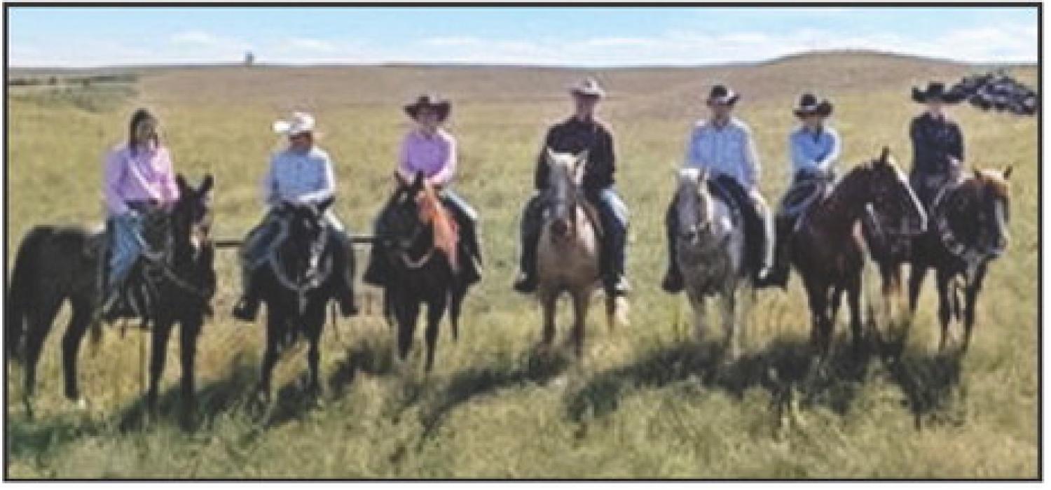 Students, faculty, and the clinician stand in front of pairs after returning them to pasture at the Leu Ranch. Pictured are from L to R: Karah Barnes, Jessica Rodman, Jaidin Miller, Ryan Sexson, August Skow, Ciara Peterson, and Madison Wilson.