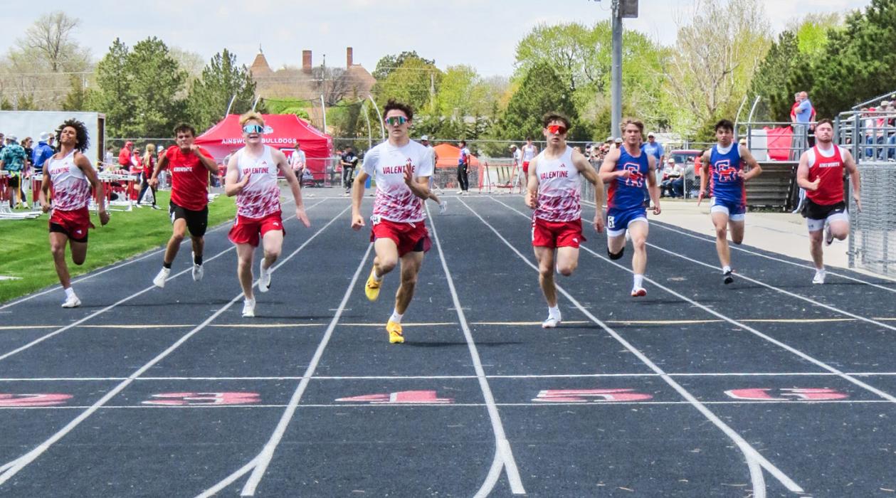 Pictured are the Badgers during the 100 Meter Dash : Jackson Huggins - lane 1, Isaac Utecht - lane 3, Dominic Beebout - lane 4, and Trystan Beebout - lane 5. 