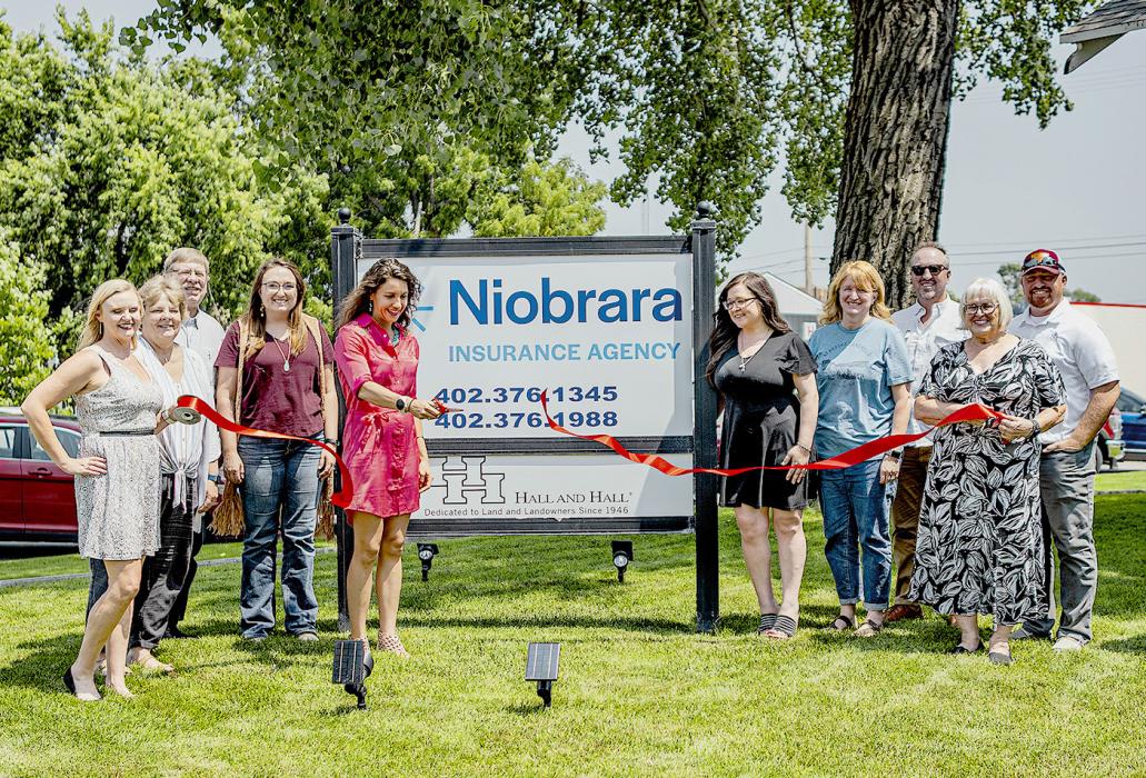 Pictured at the Niobrara Insurance Agency’s Ribbon Cutting are from L to R: Jenny Moore, Carolyn Moore, Steve Isom, Jacy Millsap, Alena Arendt, Danielle Vavra, Jennie Salters, Kyle Arganbright, Nadeane Allard, and Zane Limbach. Photo by Laura Vroman