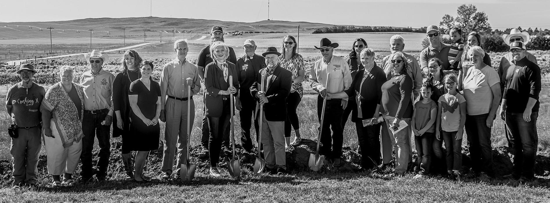 Pictured at the Niobrara Valley Vineyards ground breaking are from L to R: Neal Nollette, Terri Nollette, Tim Nollette, Regina Osburn, Vaughan Wehr, Lt. Gov. Mike Foley, Tanya Storer, Reed Ford, Louis Nollette, Dan Curran, Stacey Dinklage, Greg Nollette, JoElla Ohri, Cindy Nollette, John Ricks, Carla Kimball, Audrey Nollette, Brooklyn Nollette, Jennie Nollette, Brent Nollette, Mason Nollette, Katie Froning, Anita Robinson, Monty Nieffer, and Zane Limbach. Photo by Laura Vroman