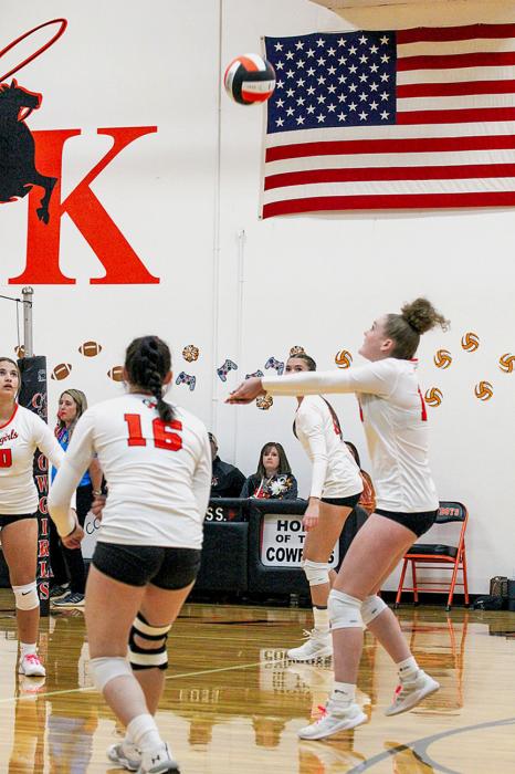 Kayleigh Ravenscroft passing the ball to her setter during a rally against the warriors.