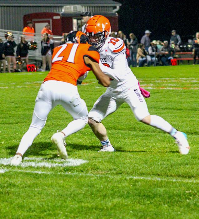 Cooper Fay #10 matched up on the defensive line with a Ram in the game Friday, September 29, 2023. Photos by Shontell Roseberry