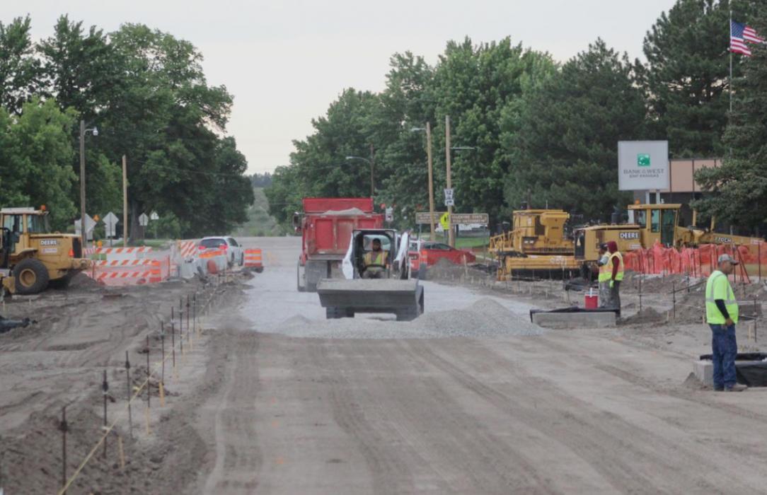 Looking north at the intersection of Main and 4th Street, Paulsen Inc., is preparing subgrade to place foundation and concrete.
