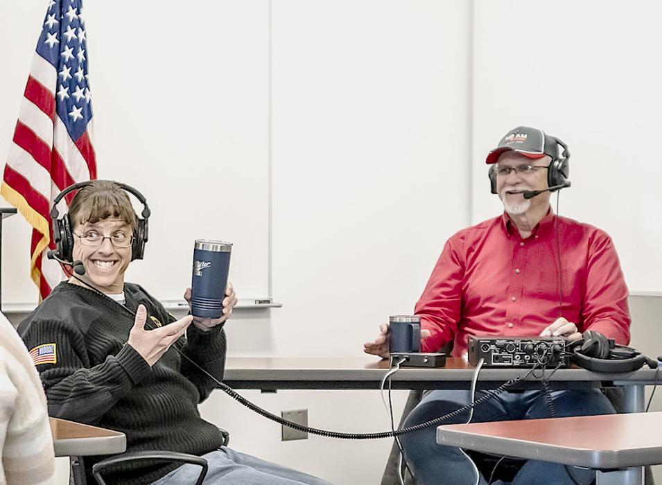 Valentine Police Chief Dana Miller visits with KVSH’s Mike Burge for a live broadcast of Coffee and a Cop, Thursday, February 29, 2024, at Mid Plains Community College. Their conversation centered on Chief Miller’s annual report. Photo by Laura Vroman