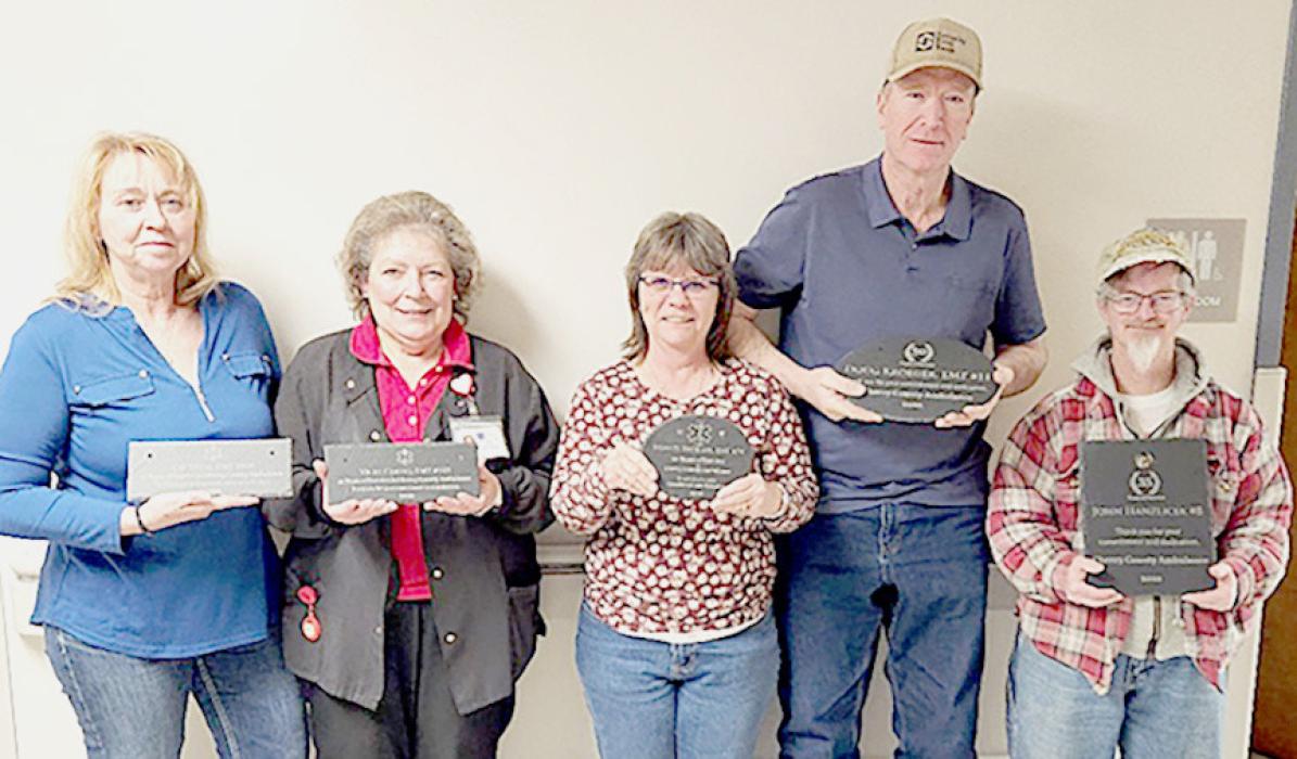 The Cherry County Ambulance Service recently recognized EMS volunteers: Kay Reese, 15 years; Vicki Carini, 15 years; Shirley Kroeger, 20 years; Doug Kroeger, 30 years; and John Hanzlicek, 35 years, for volunteering their services to the area.