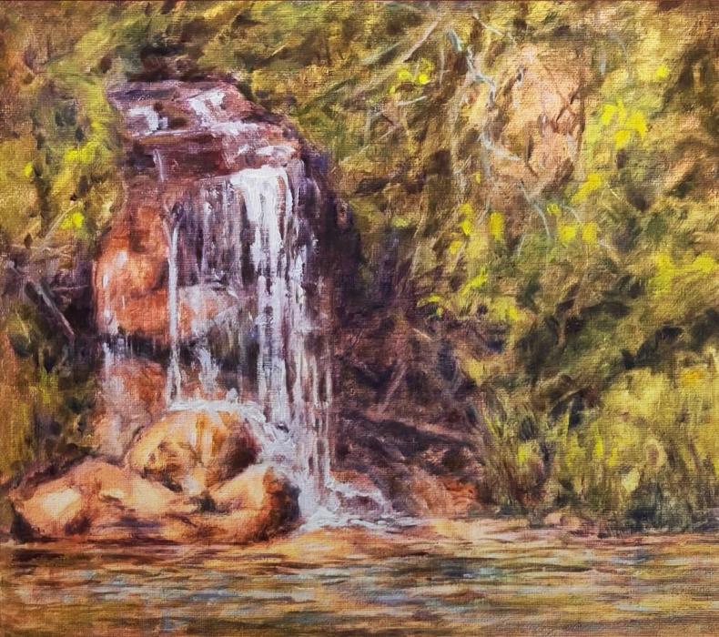 A summer waterfall painted by Joan Swim, in oils.