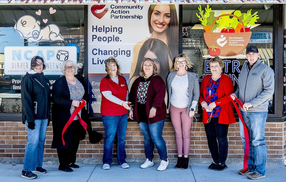 Pictured at the Northwest Community Action Partnership’s Ribbon Cutting are from L to R: Marie Arendt, Nadeane Allard, Bonnie Beckstrom, Kristin Alvarez - local liasion, Jenny Moore, Carolyn Moore, and Trenton Solida. Photo by Laura Vroman