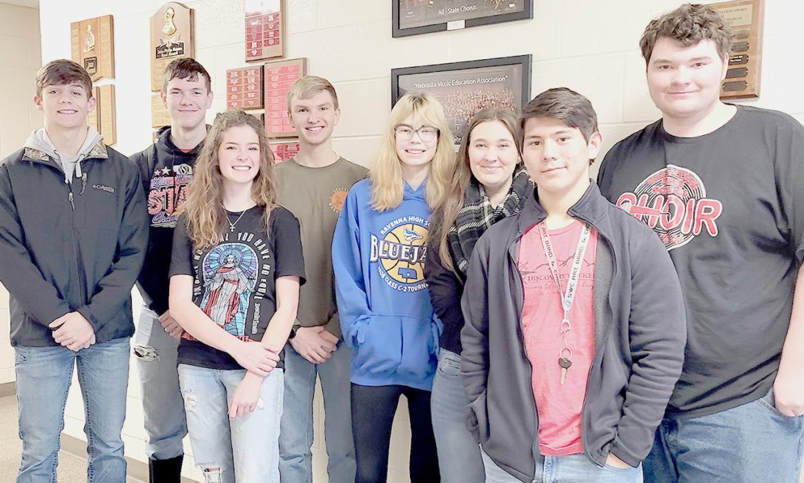 Selected to Honor Bands and Choirs are from L to R: Nathan Perrett, James Woodraska, Marybelle Ward, Grant Springer, Neeley Cronin, Grace Maunu, Kadon Wenig, and Titus Maunu.