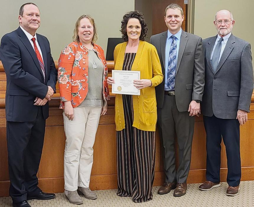 After being sworn in, the judges congratulated Hand and had their photo taken. Pictured are from L to R: County Court Judge James Orr, County Court Judge Tami Schendt, Clerk Magistrate Deb Hand, County Court Judge Kale Burdick, District Court Judge Mark Kozisek. Photos by Laura Vroman