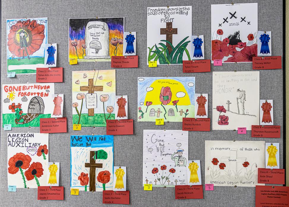 Poster winners are top row, L to R: Tylian Kills the Enemy, Raynee Thiede, Tylee Tinant, and Tierney Miller. Second row, L to R: Ambrosia Fuller, Syerra Dawson, Bayley Burdick, and Thurston Ravenscroft. Bottom row, L to R: Jaycey Smashed Ice, Sadie Bachelor, Jacob Nickish, and Josie Shaul. Congratulations! Photos by Laura Vroman