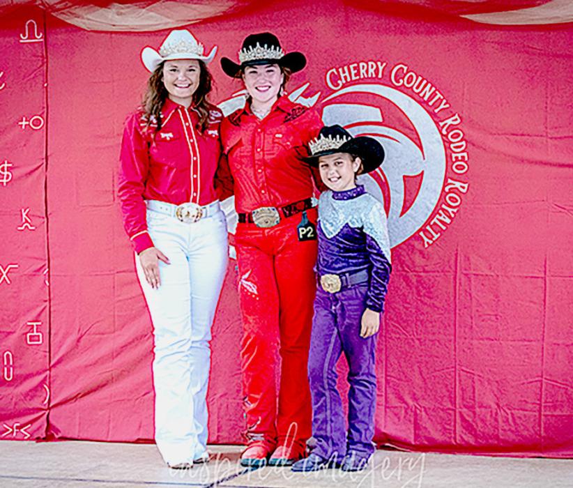 There were 12 contestants who tried for the Cherry County Rodeo Royalty with the winners pictured from L to R: Jayda From, Syndee Jo Holmes, and Madi Worm. Photo by Eve Millar